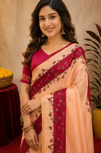  pich rani pink chanderi cotton blend printed  1 minute ready to wear saree with unstitched blouse piece