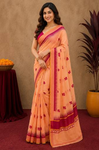  peach pink chanderi cotton blend printed   1 minute ready to wear saree with unstitched blouse piece