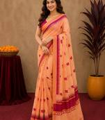  peach pink chanderi cotton blend printed   1 minute ready to wear saree with unstitched blouse piece