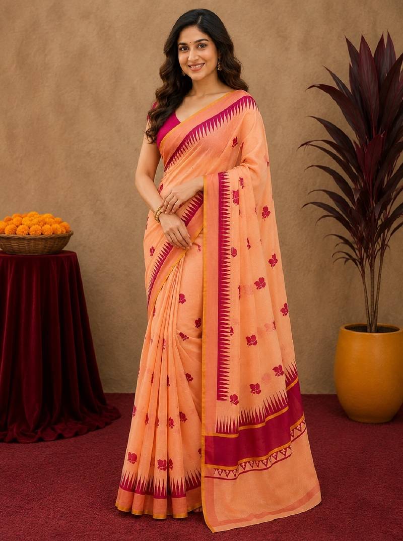  peach pink chanderi cotton blend printed   1 minute ready to wear saree with unstitched blouse piece