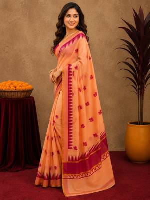  peach pink chanderi cotton blend printed   1 minute ready to wear saree with unstitched blouse piece 2