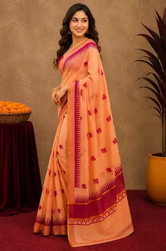  peach pink chanderi cotton blend printed   1 minute ready to wear saree with unstitched blouse piece