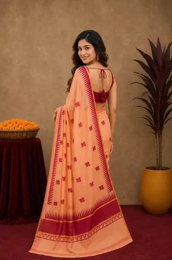  peach pink chanderi cotton blend printed   1 minute ready to wear saree with unstitched blouse piece