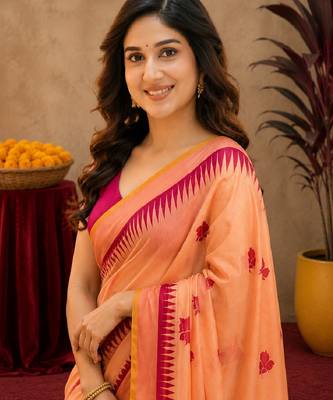  peach pink chanderi cotton blend printed   1 minute ready to wear saree with unstitched blouse piece 5