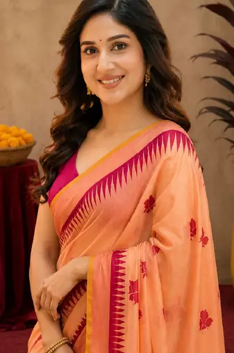  peach pink chanderi cotton blend printed   1 minute ready to wear saree with unstitched blouse piece