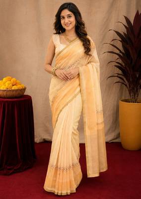  beige chanderi cotton blend printed work 1 minute ready to wear saree with unstitched blouse piece 2