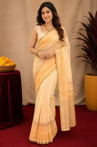  beige chanderi cotton blend printed work 1 minute ready to wear saree with unstitched blouse piece