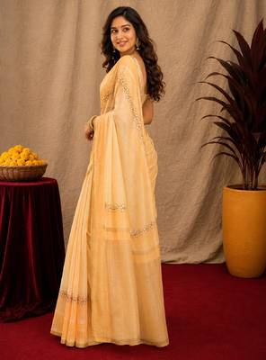 beige chanderi cotton blend printed work 1 minute ready to wear saree with unstitched blouse piece 3