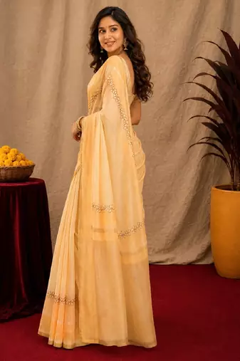  beige chanderi cotton blend printed work 1 minute ready to wear saree with unstitched blouse piece