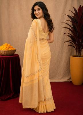  beige chanderi cotton blend printed work 1 minute ready to wear saree with unstitched blouse piece 4