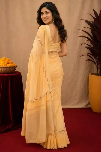  beige chanderi cotton blend printed work 1 minute ready to wear saree with unstitched blouse piece