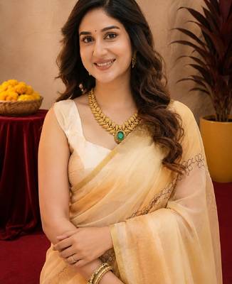  beige chanderi cotton blend printed work 1 minute ready to wear saree with unstitched blouse piece 5