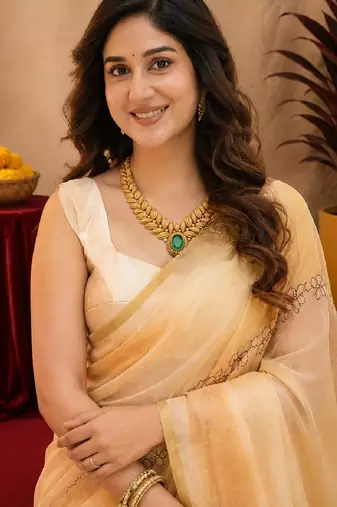  beige chanderi cotton blend printed work 1 minute ready to wear saree with unstitched blouse piece