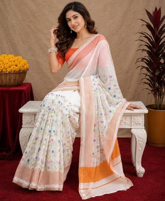  white orange chanderi cotton blend printed  1 minute ready to wear saree with unstitched blouse piece 1