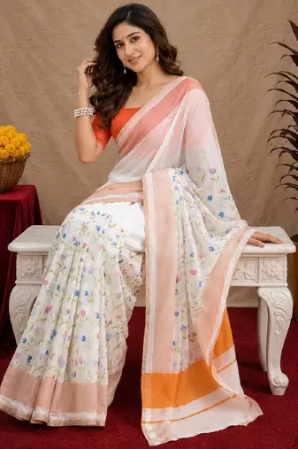  white orange chanderi cotton blend printed  1 minute ready to wear saree with unstitched blouse piece