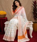  white orange chanderi cotton blend printed  1 minute ready to wear saree with unstitched blouse piece