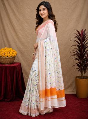  white orange chanderi cotton blend printed  1 minute ready to wear saree with unstitched blouse piece 3