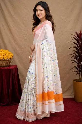  white orange chanderi cotton blend printed  1 minute ready to wear saree with unstitched blouse piece