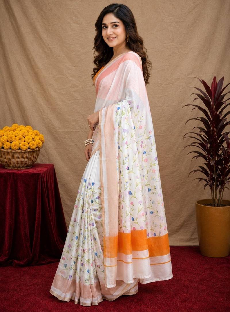  white orange chanderi cotton blend printed  1 minute ready to wear saree with unstitched blouse piece