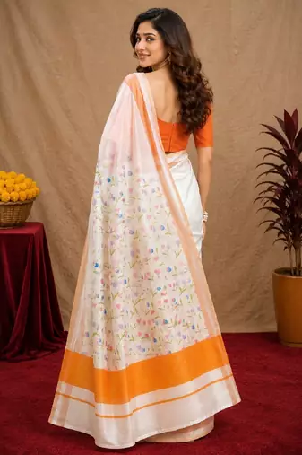  white orange chanderi cotton blend printed  1 minute ready to wear saree with unstitched blouse piece