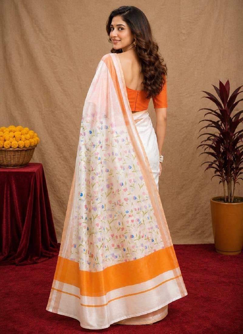  white orange chanderi cotton blend printed  1 minute ready to wear saree with unstitched blouse piece