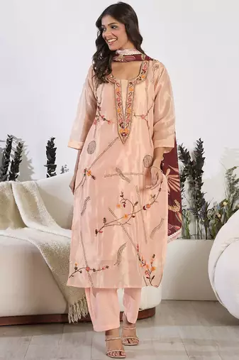 Floral Embroidered Thread Work Pure Cotton Kurta With Trousers & Dupatta