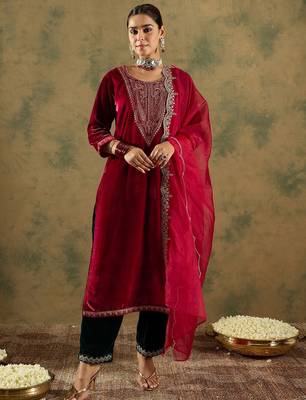 Ethnic Motifs Embroidered Regular Velvet Straight Kurta with Trousers & Dupatta 1