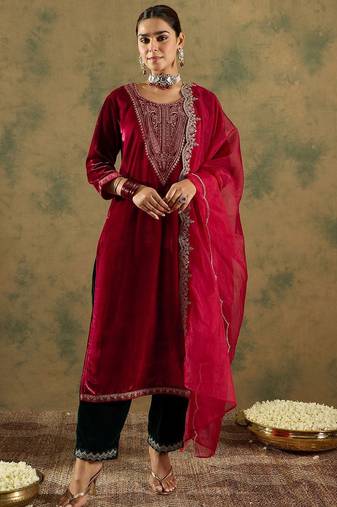 Ethnic Motifs Embroidered Regular Velvet Straight Kurta with Trousers & Dupatta