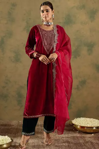 Ethnic Motifs Embroidered Regular Velvet Straight Kurta with Trousers & Dupatta