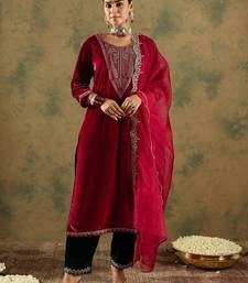 Ethnic Motifs Embroidered Regular Velvet Straight Kurta with Trousers & Dupatta