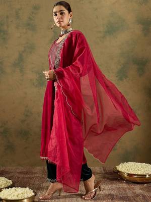 Ethnic Motifs Embroidered Regular Velvet Straight Kurta with Trousers & Dupatta 3