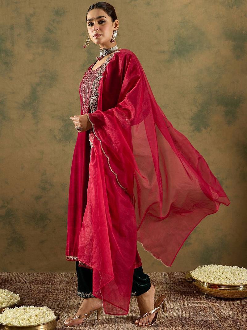 Ethnic Motifs Embroidered Regular Velvet Straight Kurta with Trousers & Dupatta