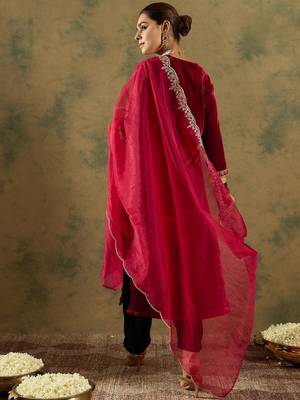 Ethnic Motifs Embroidered Regular Velvet Straight Kurta with Trousers & Dupatta 4