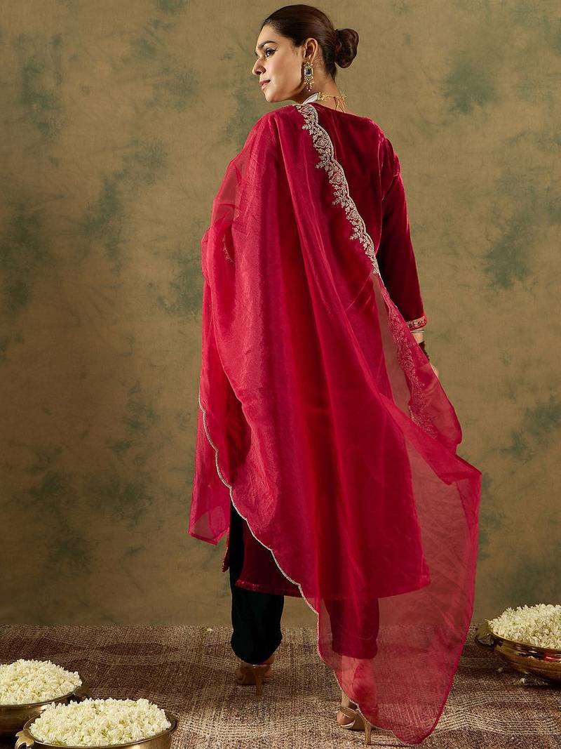 Ethnic Motifs Embroidered Regular Velvet Straight Kurta with Trousers & Dupatta