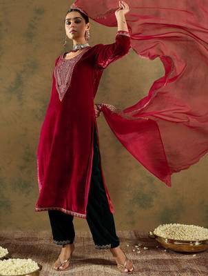 Ethnic Motifs Embroidered Regular Velvet Straight Kurta with Trousers & Dupatta 6