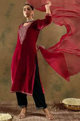 Ethnic Motifs Embroidered Regular Velvet Straight Kurta with Trousers & Dupatta