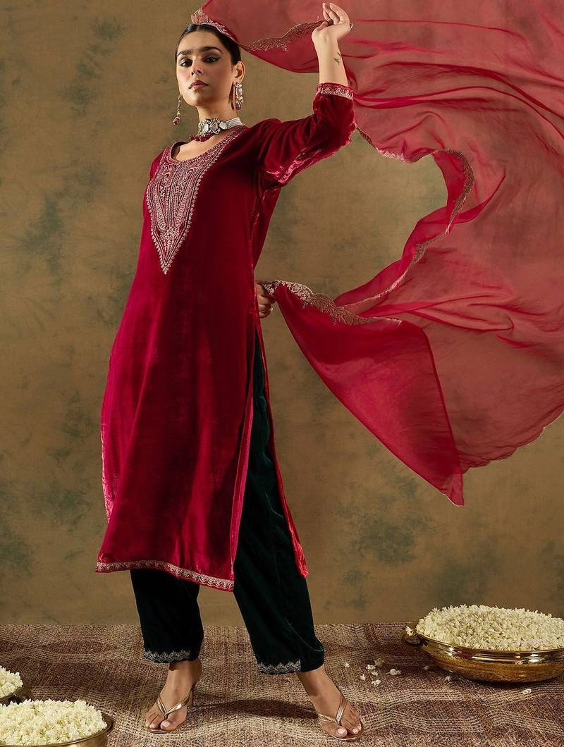 Ethnic Motifs Embroidered Regular Velvet Straight Kurta with Trousers & Dupatta