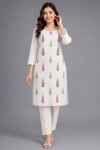 Off-white block-printed kurta with pant set