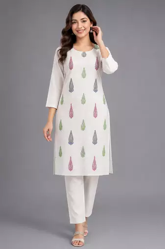 Off-white block-printed kurta with pant set
