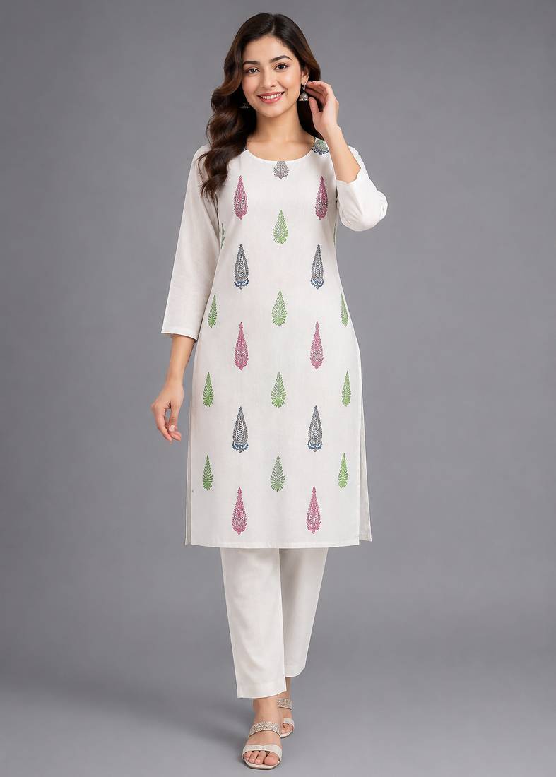 Off-white block-printed kurta with pant set