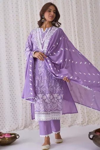 Floral Embroidered Pure Cotton Straight Kurta With Trousers & Dupatta