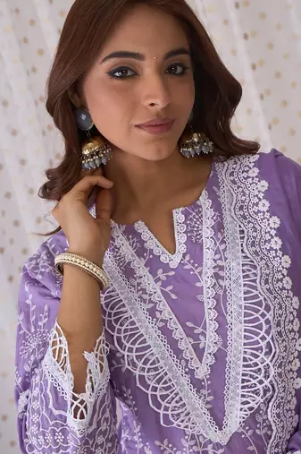 Floral Embroidered Pure Cotton Straight Kurta With Trousers & Dupatta
