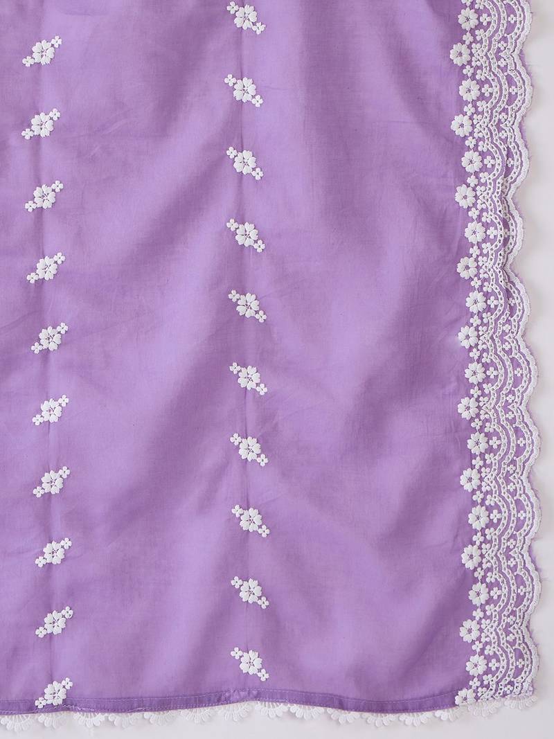 Floral Embroidered Pure Cotton Straight Kurta With Trousers & Dupatta