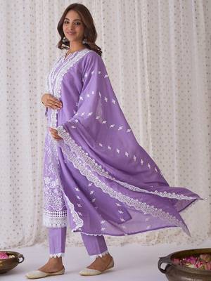 Floral Embroidered Pure Cotton Straight Kurta With Trousers & Dupatta 5