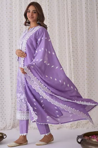 Floral Embroidered Pure Cotton Straight Kurta With Trousers & Dupatta