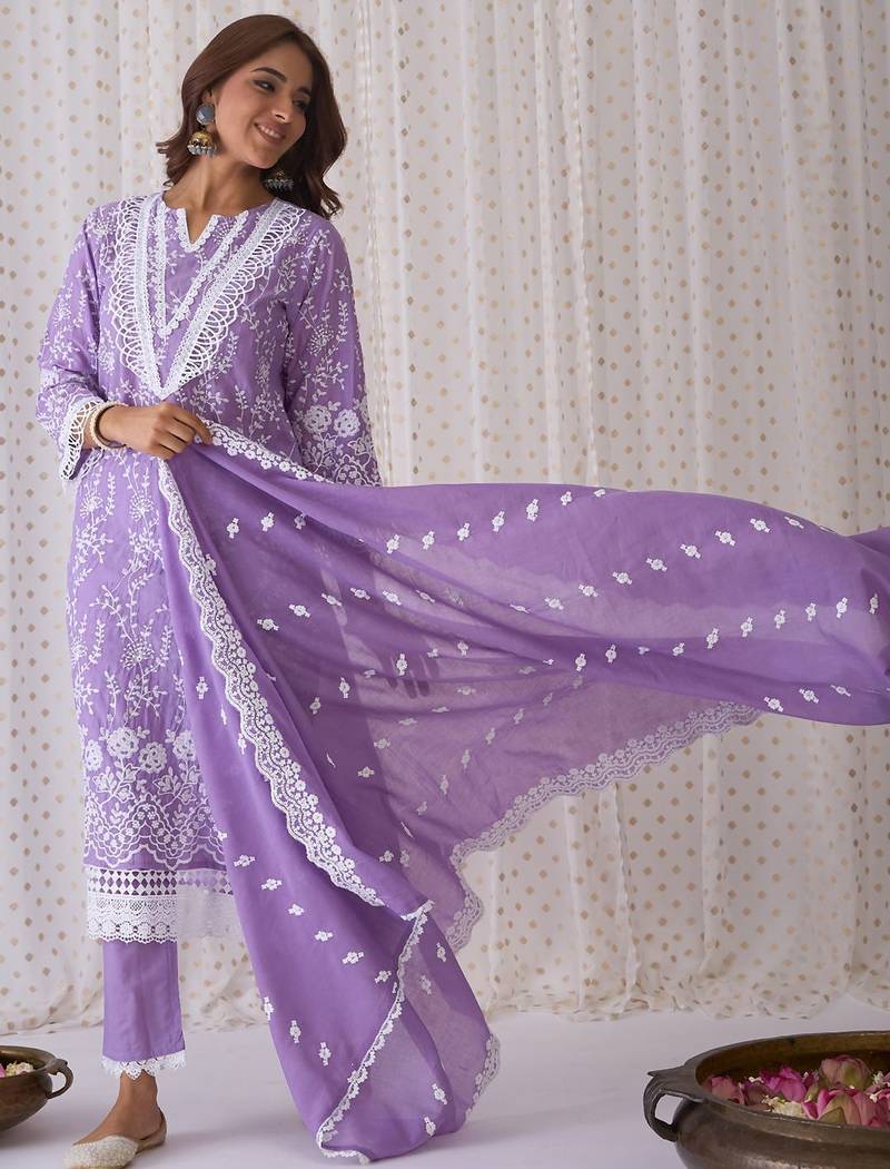 Floral Embroidered Pure Cotton Straight Kurta With Trousers & Dupatta