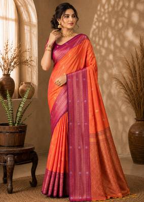 Sangam prints coral orange soft silk blend woven work traditional saree 1