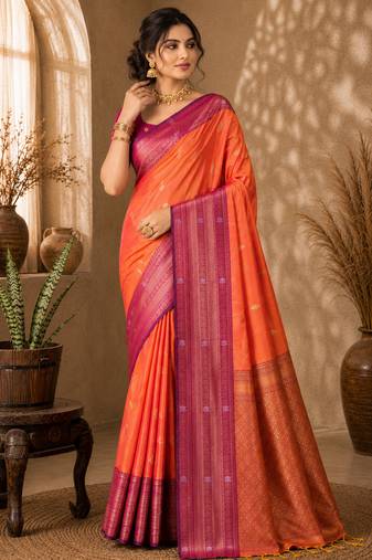 Sangam prints coral orange soft silk blend woven work traditional saree