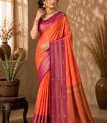Sangam prints coral orange soft silk blend woven work traditional saree