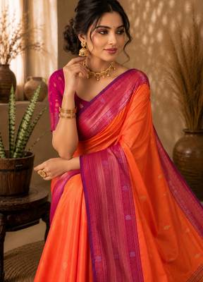 Sangam prints coral orange soft silk blend woven work traditional saree 2